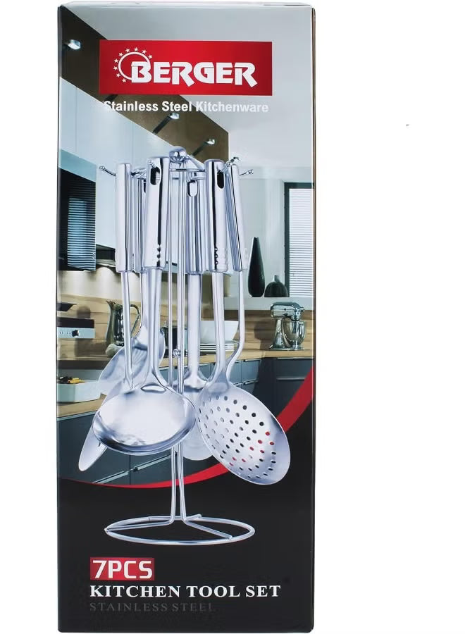 Berger 7-Piece Stainless Steel Kitchen Tool Set with Holder Stand | Multifunction Cooking Utensils Set, Silver