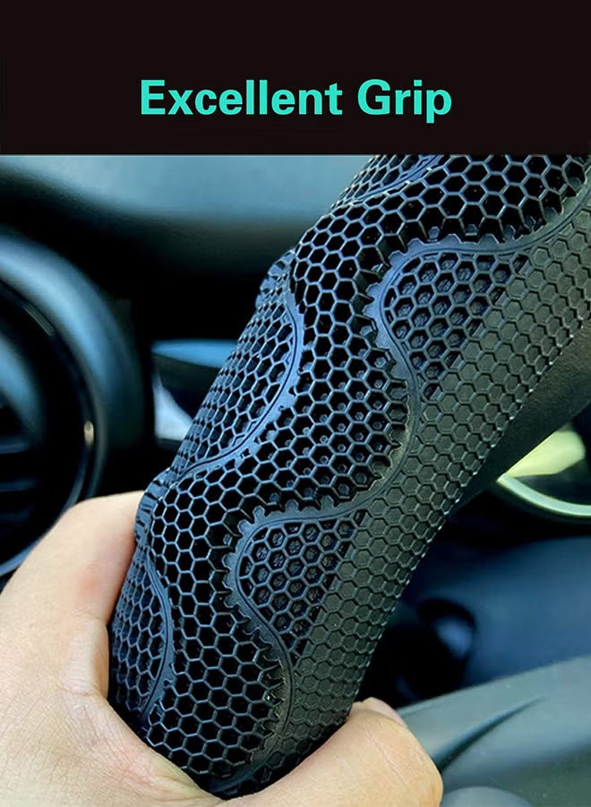 Black Leather Steering Wheel Cover with 3D Honeycomb, 14.5-15 Inch Universal Fit, Anti-Slip Breathable Durable Car Wheel Protector for SUV Truck