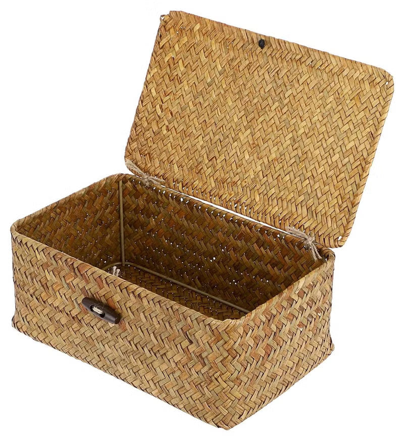 Wicker Shelf Baskets Bin with Lid, Handwoven Seagrass Basket