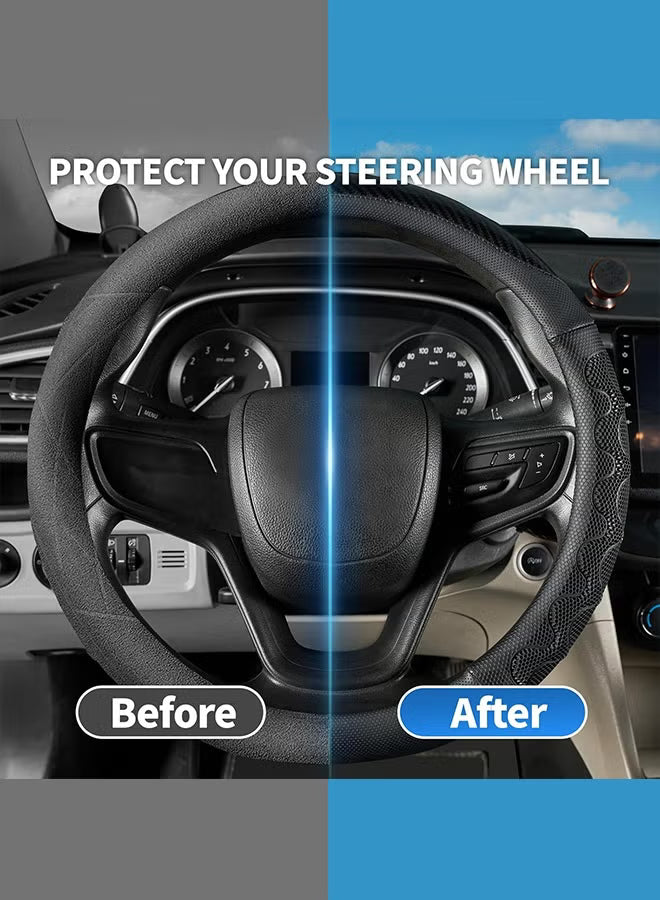 Black Leather Steering Wheel Cover with 3D Honeycomb, 14.5-15 Inch Universal Fit, Anti-Slip Breathable Durable Car Wheel Protector for SUV Truck