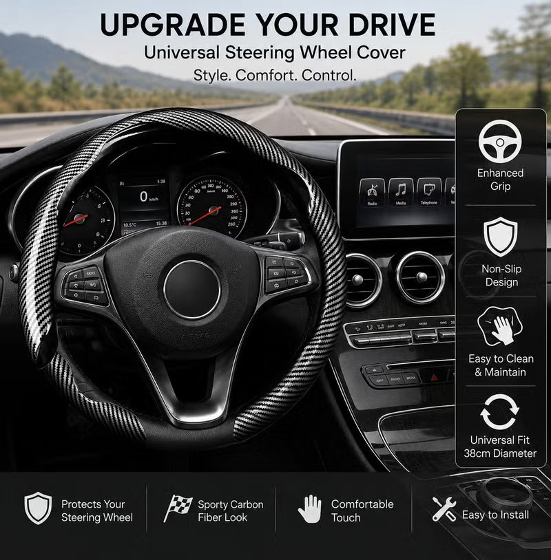 Dunekart Universal Car Steering Wheel Cover, Carbon Fiber Texture Non-Slip