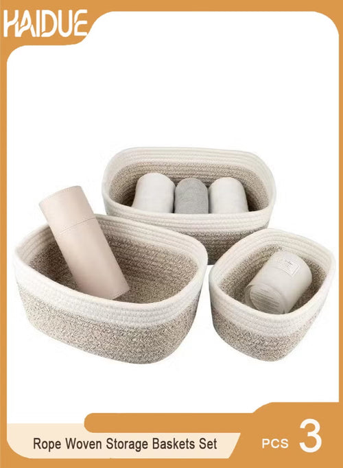 3 Pcs Rope Woven Storage Baskets Set Small Cotton Rope Basket