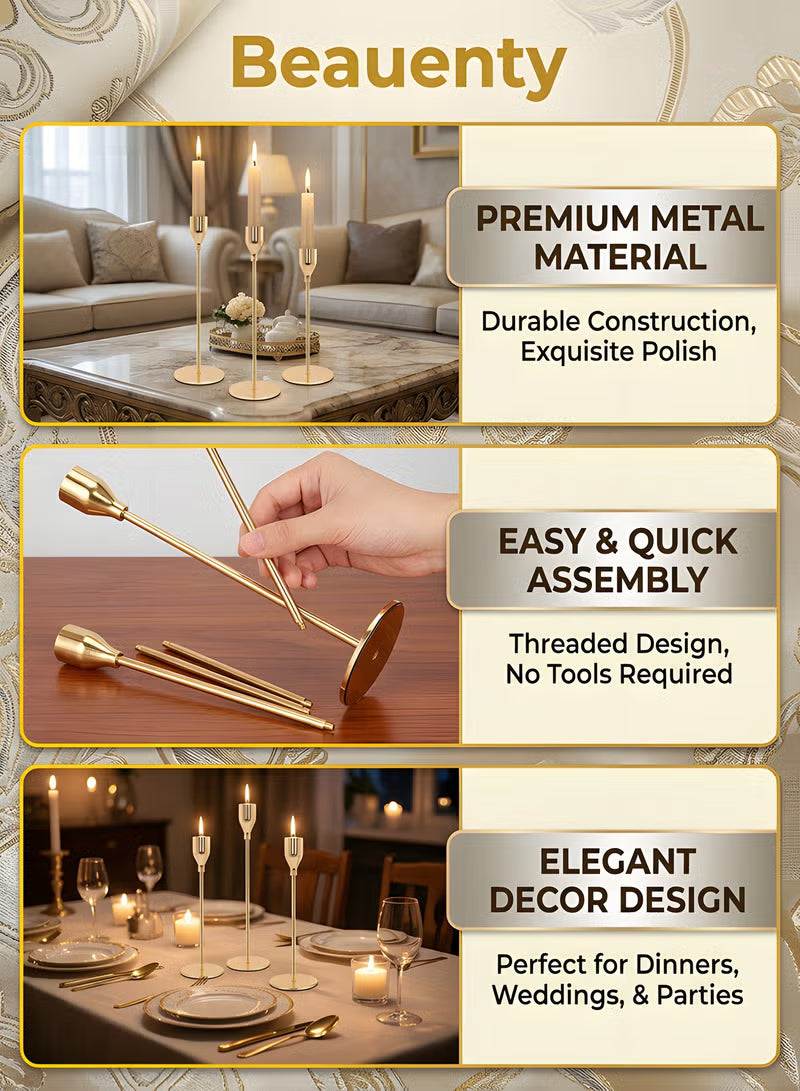 3pcs Gold Candle Holders,For Taper Candle,Candle Sticks