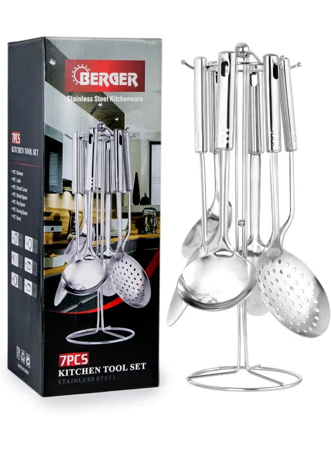 Berger 7-Piece Stainless Steel Kitchen Tool Set with Holder Stand | Multifunction Cooking Utensils Set, Silver