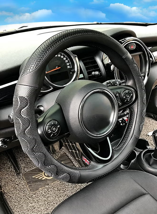 Black Leather Steering Wheel Cover with 3D Honeycomb, 14.5-15 Inch Universal Fit, Anti-Slip Breathable Durable Car Wheel Protector for SUV Truck