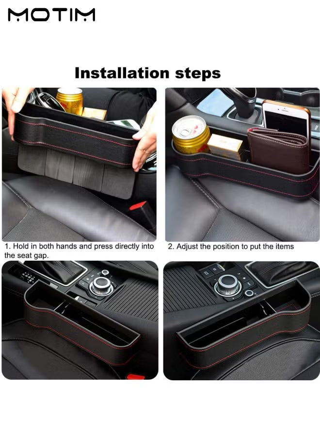 Car Seat Gap Filler Organizer 2 Pack, Leather Front Seat Console Side Storage Box, Car Interior Storage Box Seat Organizer for Cell Phones, Keys, Coins, Cards, Wallets, Sunglasses & Drink Bottles