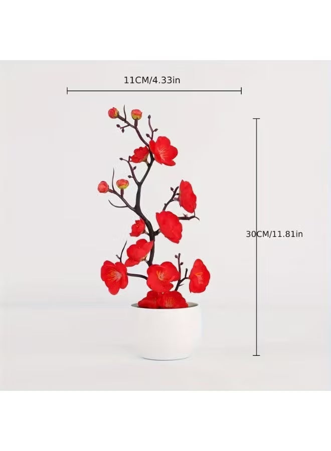 Artificial Potted Plum Blossom Bonsai – Wax-Finish Fake Flower Branch