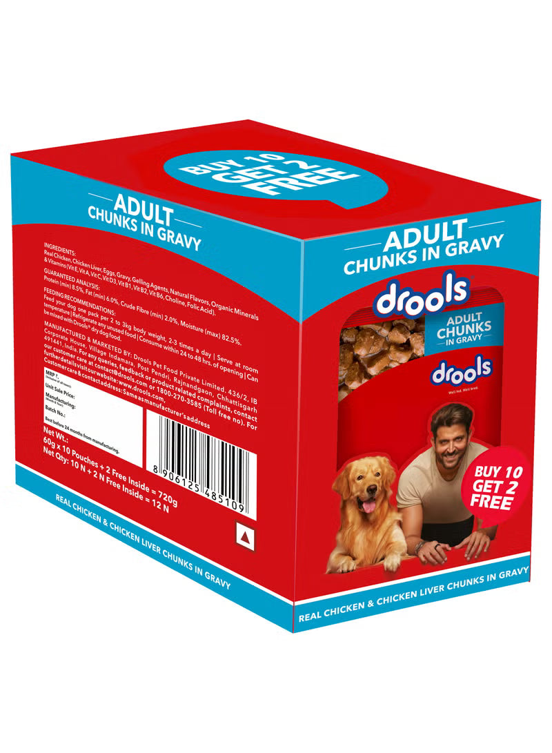 Adult Wet Dog Food Real Chicken and Chicken Liver Chunks in Gravy 10 + 2 Pouches Free