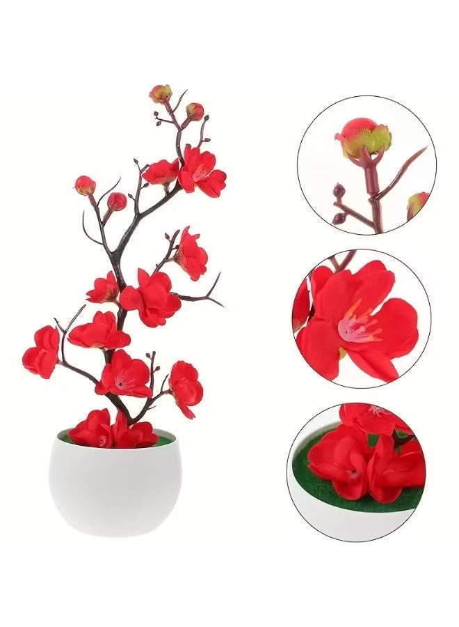 Artificial Potted Plum Blossom Bonsai – Wax-Finish Fake Flower Branch