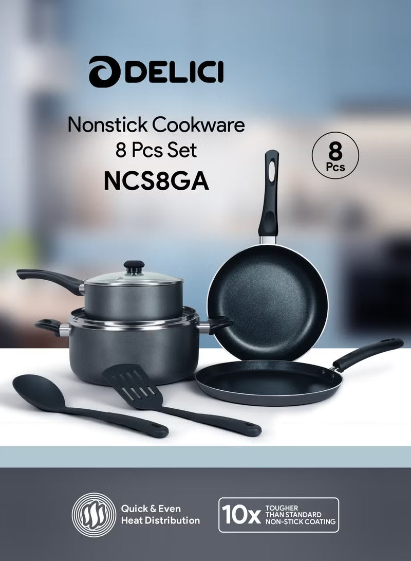 8 Pcs Nonstick Cookware Set with 10X Tougher Coating, Quick Heat Distribution