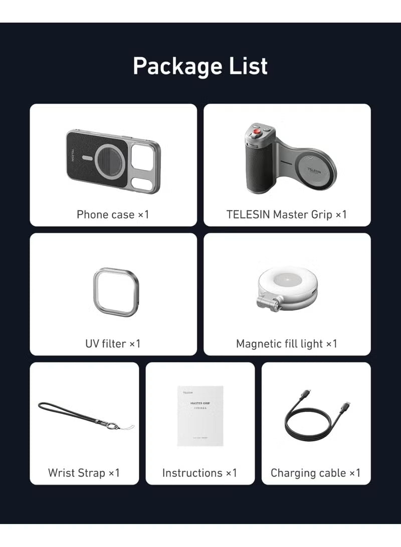 Master Grip Kit for iPhone 17 Pro Max, Magnetic Phone Camera Grip with C03 Selfie Light+ UV Filters, Creator Kit Built 3200mAh Battery Wireless Charging Powergrip - Cooling Graphene Case