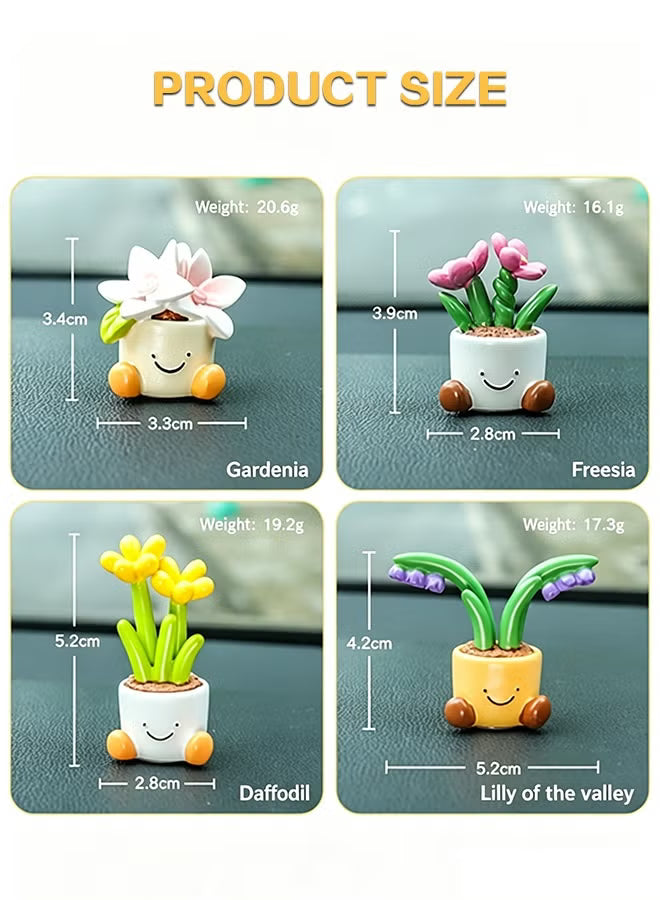 4Pcs Car Dashboard Plant Resin Flower Pot Knick Knacks Mini Plant Figurines Decorations Gifts for Women, Car Desk Bookshelf Decor