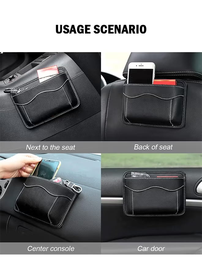 2 Pcs Car Seat Side Pocket Organizer, PU Leather Mini Storage Bag for Auto Door Window Console, Pen Phone Holder Tray Pouch Vehicle Seat Gap Filler for Organize Document, Registration, Notepad (Black)