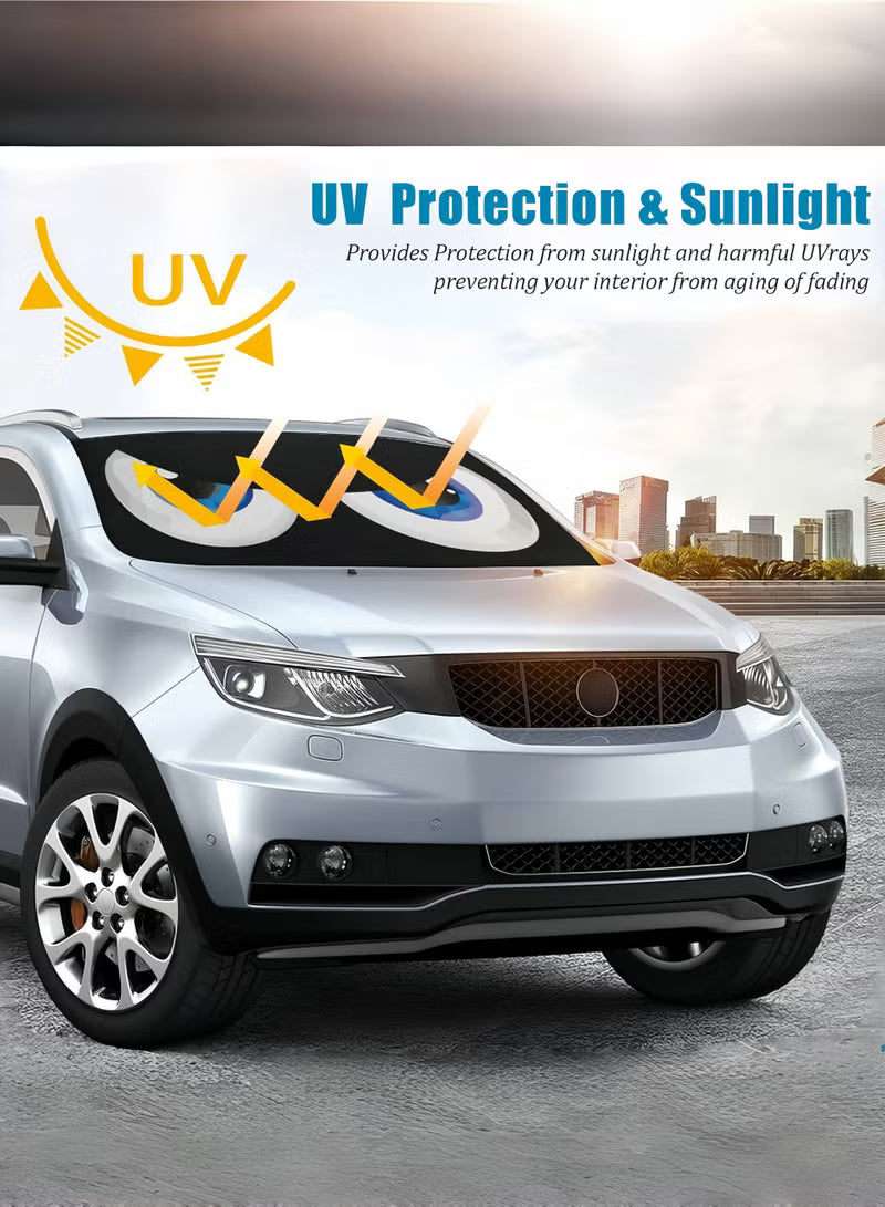 Car Windshield Sun Shade, Car Sun Shade Funny Car Eyes Sun Visor for Car Front Windshield, Foldable with Storage Pouch,UV Protection Keep Vehicle Cooler 150cm*70cm -Blue
