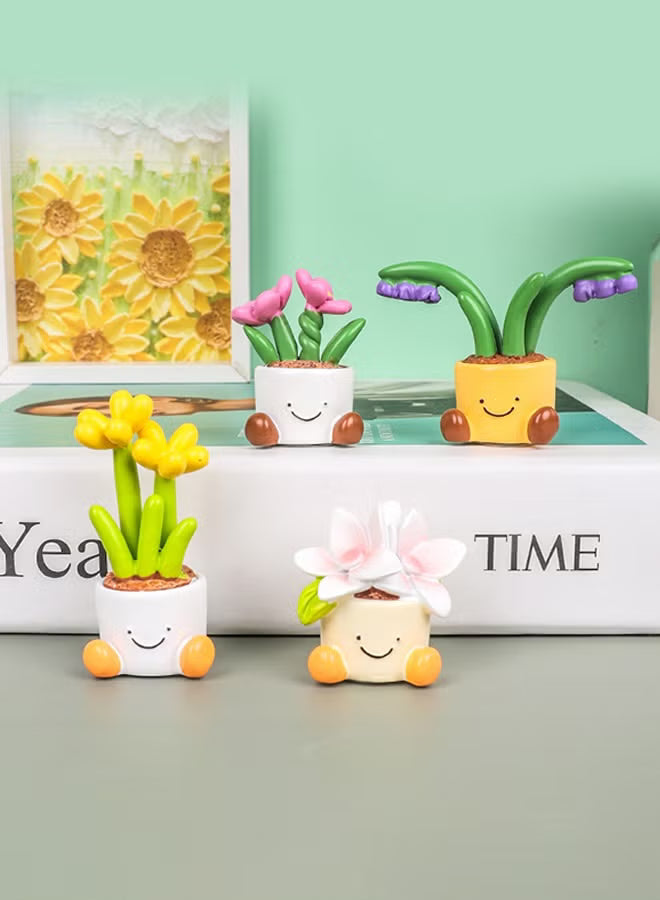 4Pcs Car Dashboard Plant Resin Flower Pot Knick Knacks Mini Plant Figurines Decorations Gifts for Women, Car Desk Bookshelf Decor