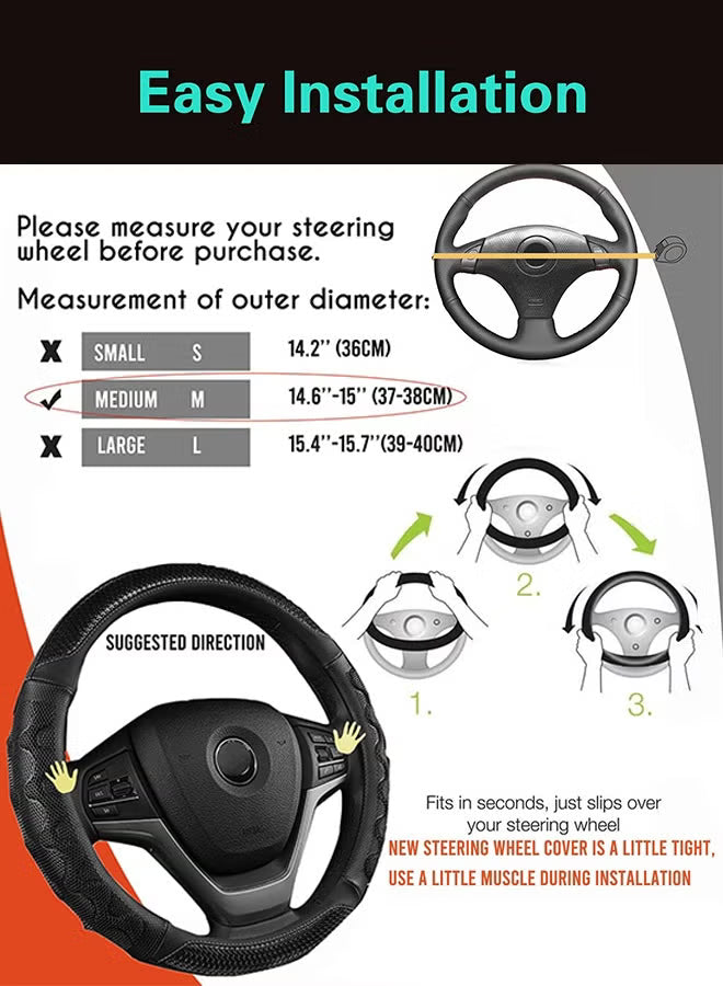 Black Leather Steering Wheel Cover with 3D Honeycomb, 14.5-15 Inch Universal Fit, Anti-Slip Breathable Durable Car Wheel Protector for SUV Truck