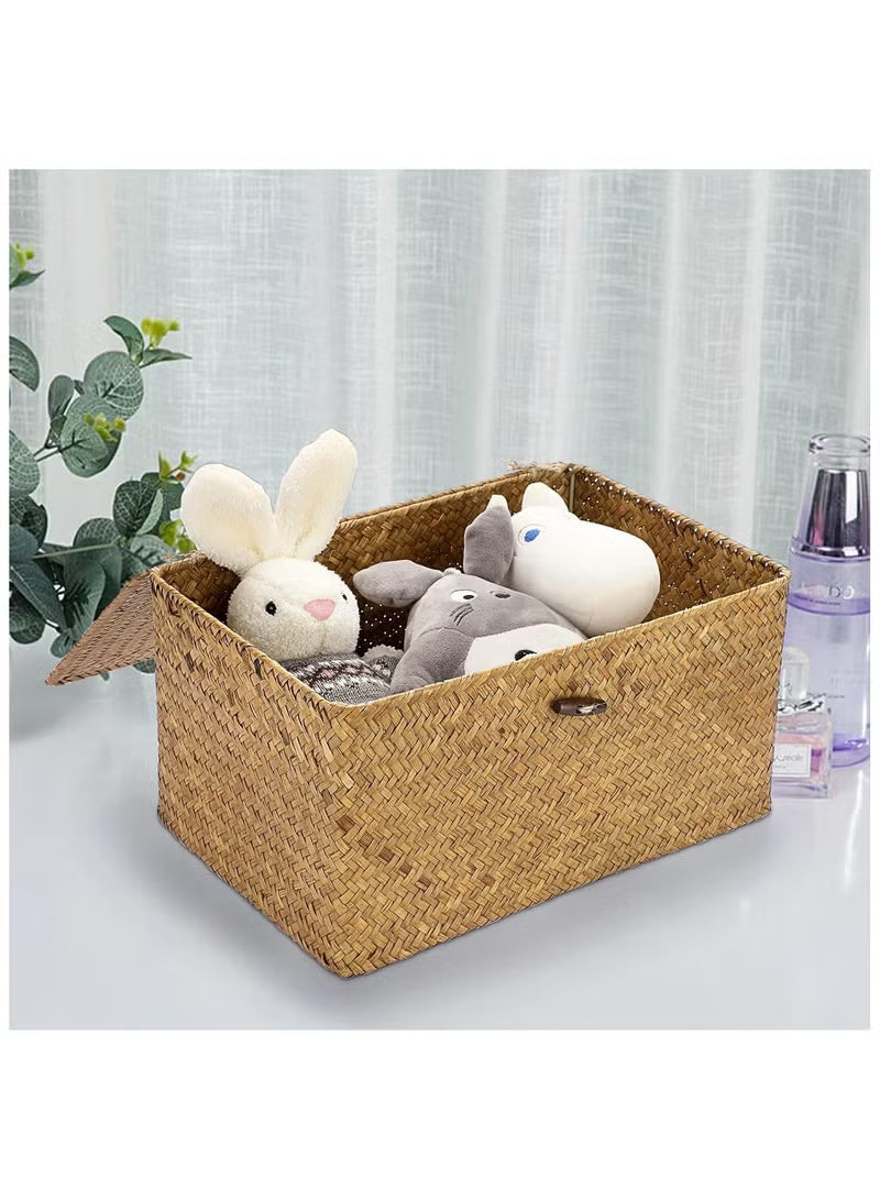 Wicker Shelf Baskets Bin with Lid, Handwoven Seagrass Basket