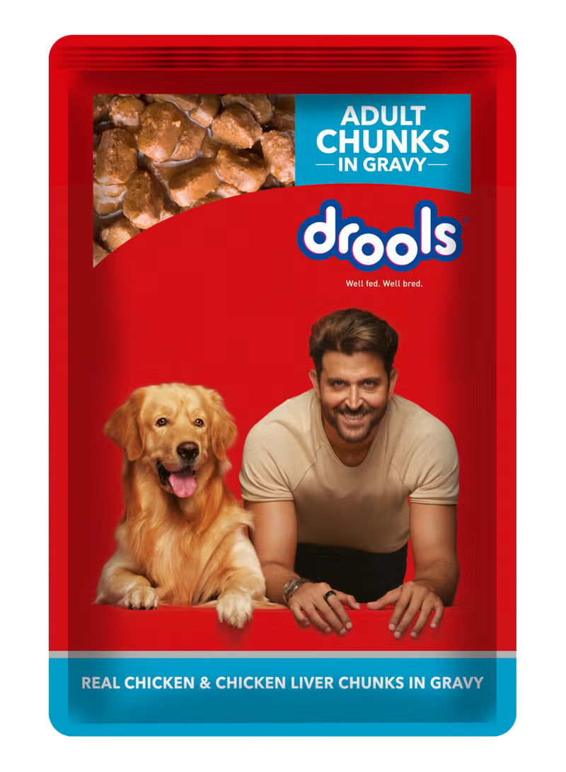 Adult Wet Dog Food Real Chicken and Chicken Liver Chunks in Gravy 10 + 2 Pouches Free