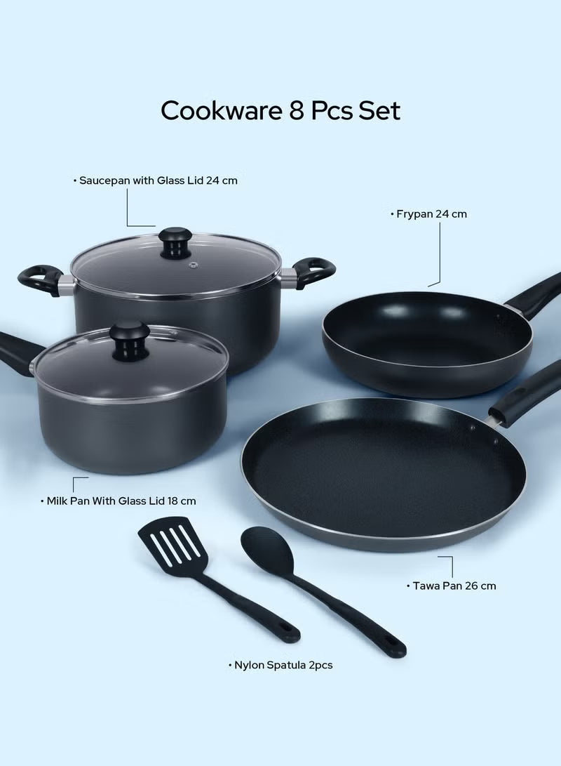 8 Pcs Nonstick Cookware Set with 10X Tougher Coating, Quick Heat Distribution