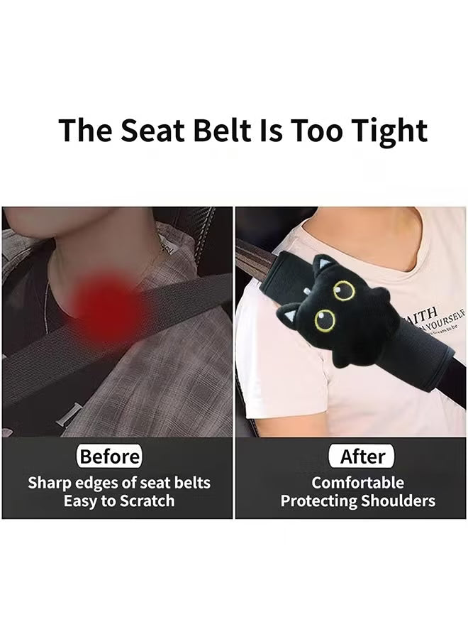 2 PCS Seat Belt Cover Pad, Cute Kawaii Animal Cat Seatbelt Covers for Kids, Soft Seatbelt Cushion, Car Seat Strap Pads (Black)