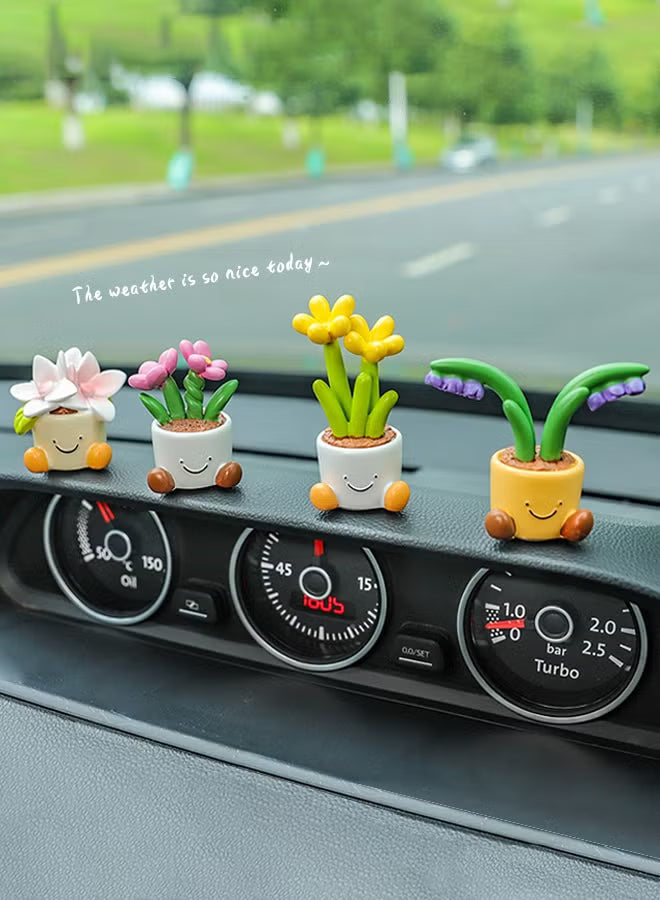 4Pcs Car Dashboard Plant Resin Flower Pot Knick Knacks Mini Plant Figurines Decorations Gifts for Women, Car Desk Bookshelf Decor