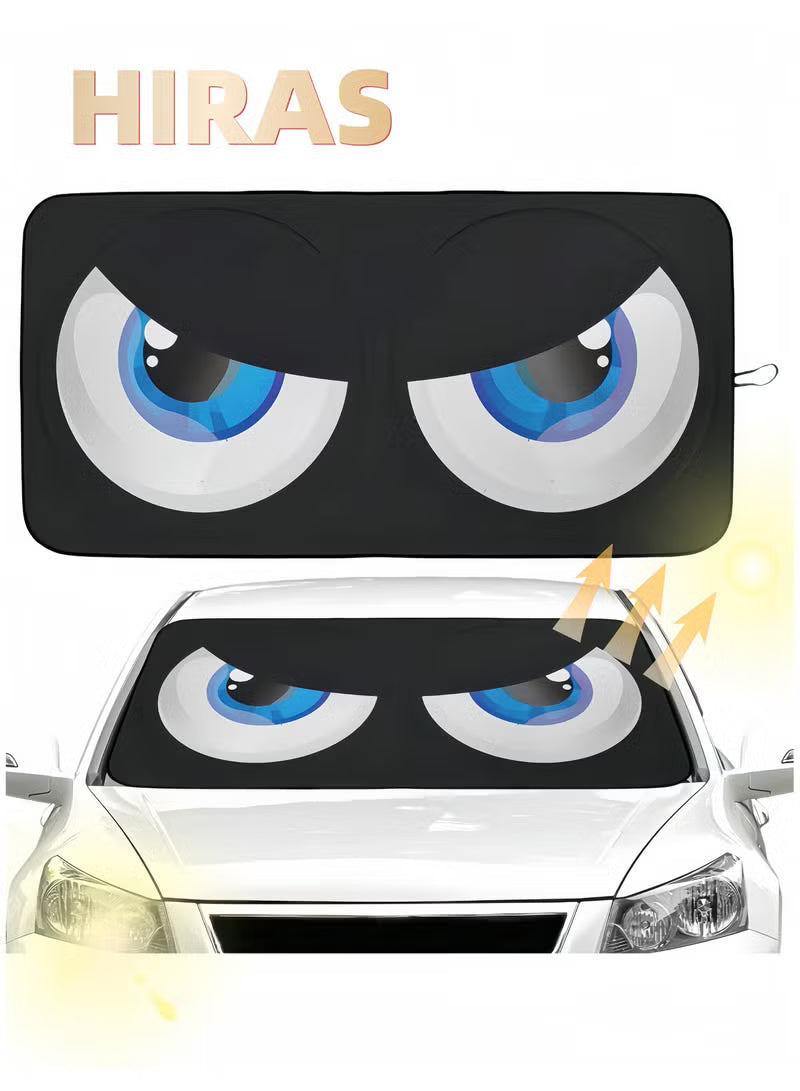 Car Windshield Sun Shade, Car Sun Shade Funny Car Eyes Sun Visor for Car Front Windshield, Foldable with Storage Pouch,UV Protection Keep Vehicle Cooler 150cm*70cm -Blue