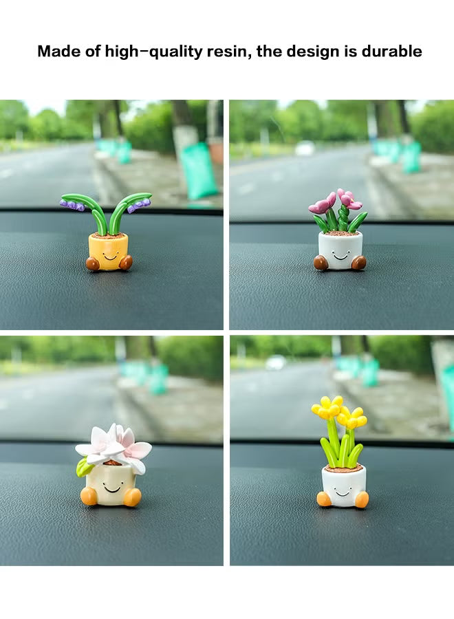 4Pcs Car Dashboard Plant Resin Flower Pot Knick Knacks Mini Plant Figurines Decorations Gifts for Women, Car Desk Bookshelf Decor