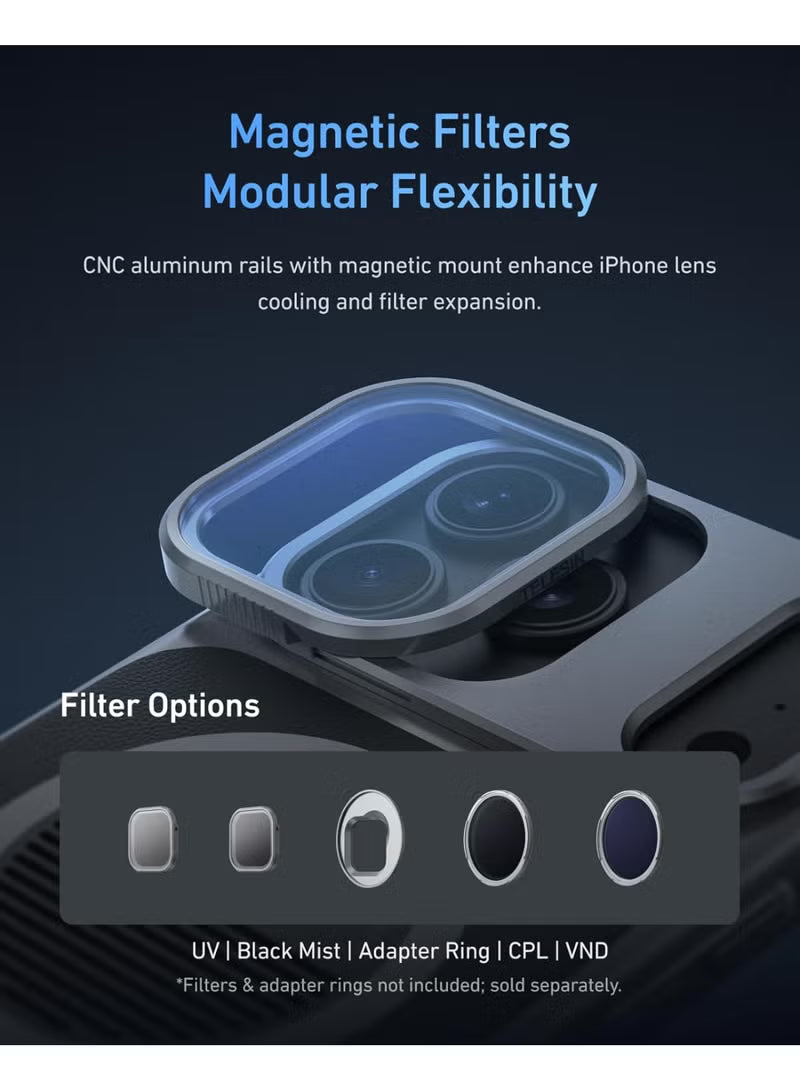 Master Grip Kit for iPhone 17 Pro Max, Magnetic Phone Camera Grip with C03 Selfie Light+ UV Filters, Creator Kit Built 3200mAh Battery Wireless Charging Powergrip - Cooling Graphene Case