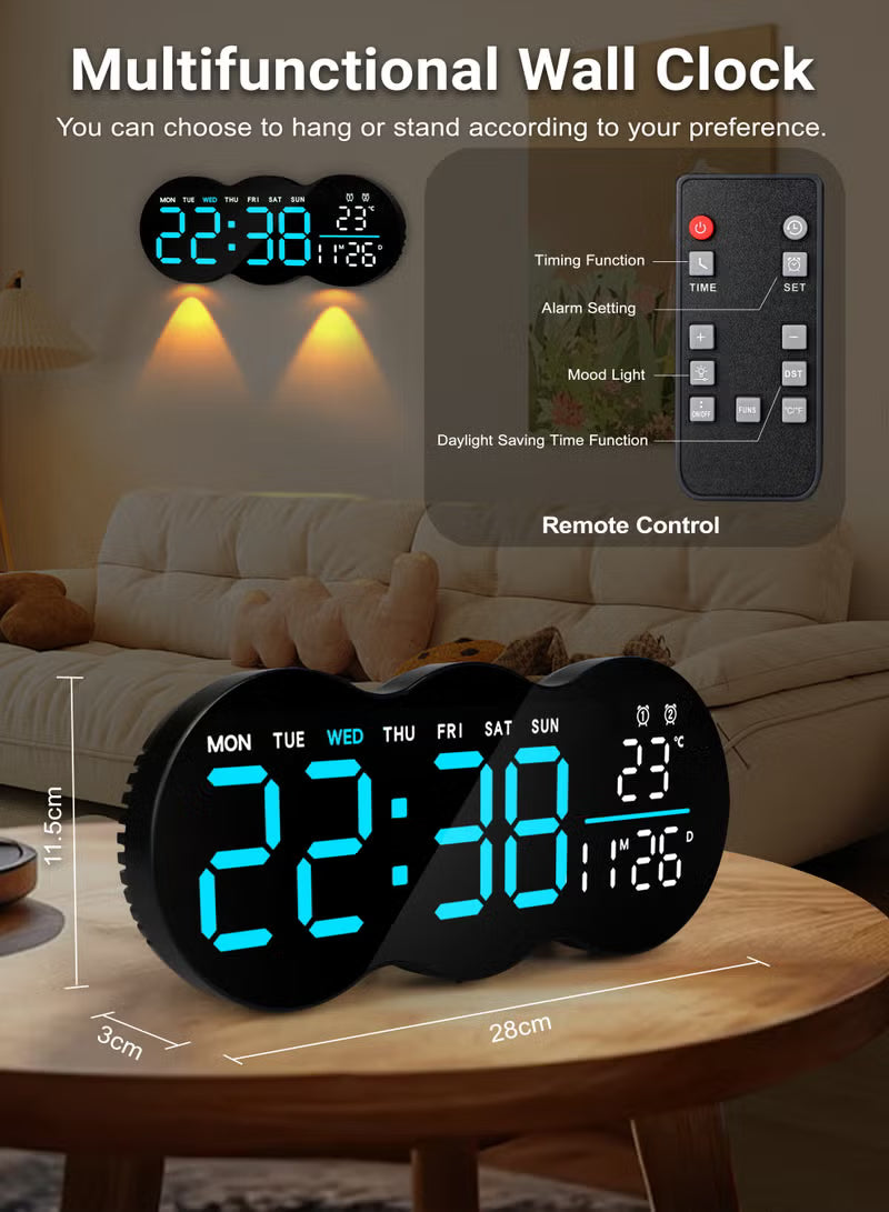 Digital Wall Clock, Remote Controll, 2 Alarms, LED Display