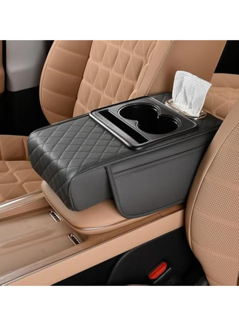 Multifunctional Car Armrest Cushion, 5-in-1 Center Console Cover with 2 Storage Pockets, Cup Holder, Tissue Box Slot, Cell Phone Slot for Sedan, Car Accessory Car Organizer (Black)