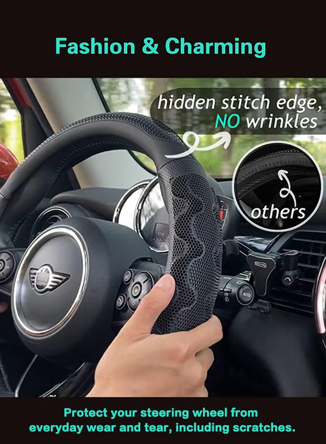 Black Leather Steering Wheel Cover with 3D Honeycomb, 14.5-15 Inch Universal Fit, Anti-Slip Breathable Durable Car Wheel Protector for SUV Truck
