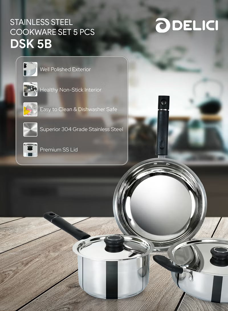 Delici Stainless Steel Cookware Set 5 PCS, 304 Grade SS Pots & Pans