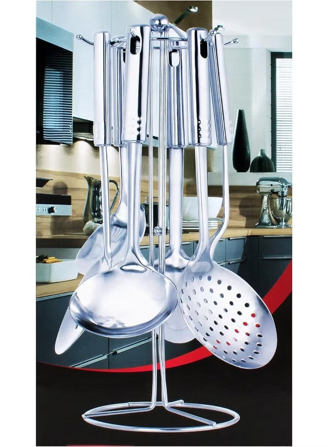 Berger 7-Piece Stainless Steel Kitchen Tool Set with Holder Stand | Multifunction Cooking Utensils Set, Silver