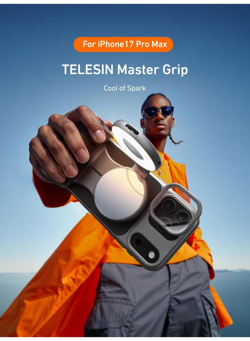 Master Grip Kit for iPhone 17 Pro Max, Magnetic Phone Camera Grip with C03 Selfie Light+ UV Filters, Creator Kit Built 3200mAh Battery Wireless Charging Powergrip - Cooling Graphene Case
