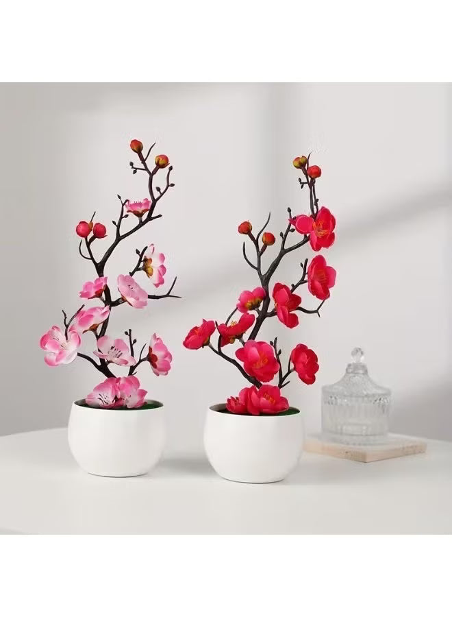 Artificial Potted Plum Blossom Bonsai – Wax-Finish Fake Flower Branch