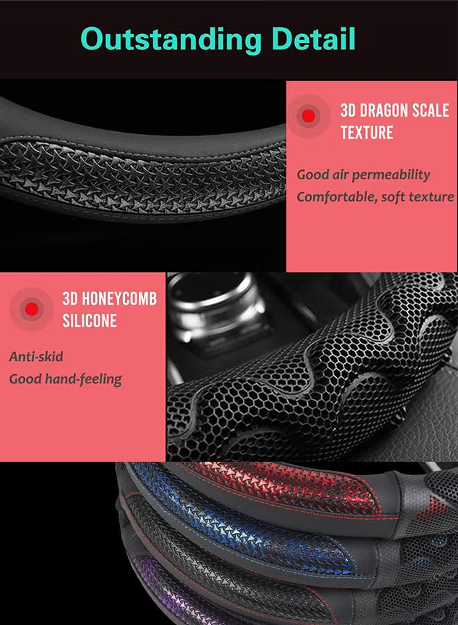 Black Leather Steering Wheel Cover with 3D Honeycomb, 14.5-15 Inch Universal Fit, Anti-Slip Breathable Durable Car Wheel Protector for SUV Truck