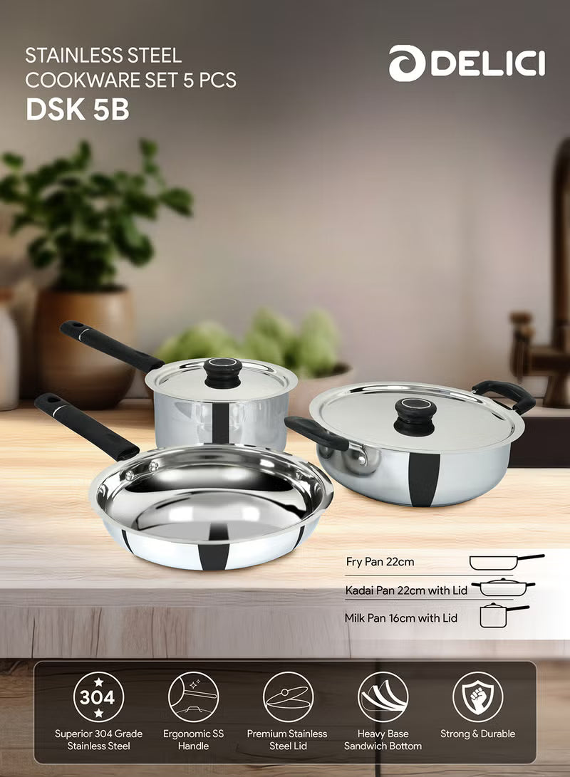 Delici Stainless Steel Cookware Set 5 PCS, 304 Grade SS Pots & Pans