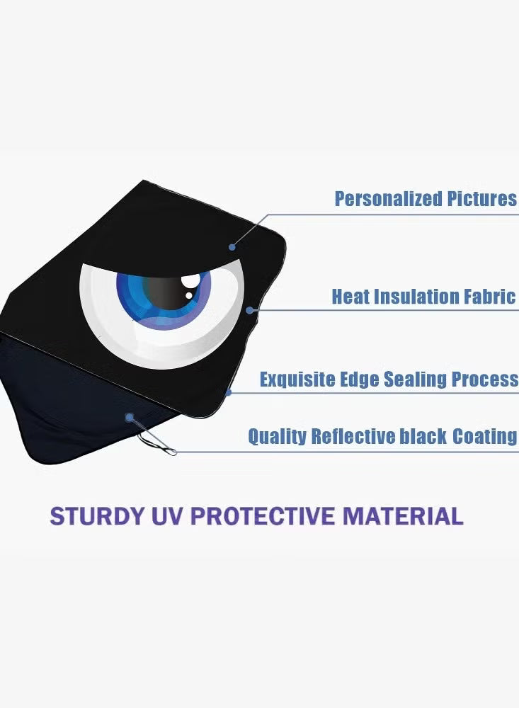 Car Windshield Sun Shade, Car Sun Shade Funny Car Eyes Sun Visor for Car Front Windshield, Foldable with Storage Pouch,UV Protection Keep Vehicle Cooler 150cm*70cm -Blue