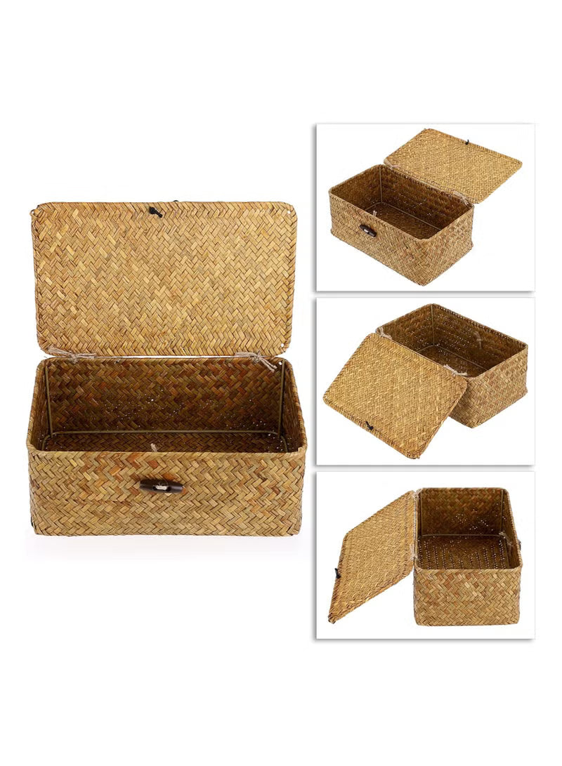 Wicker Shelf Baskets Bin with Lid, Handwoven Seagrass Basket
