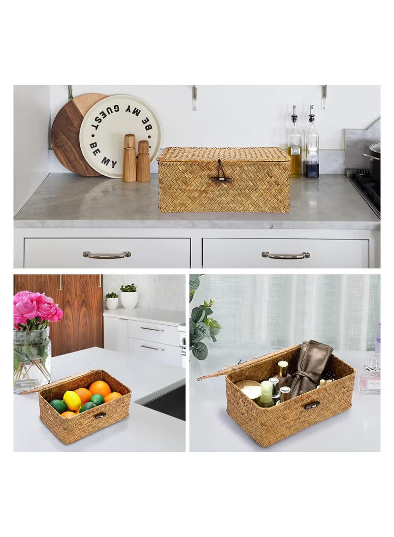 Wicker Shelf Baskets Bin with Lid, Handwoven Seagrass Basket