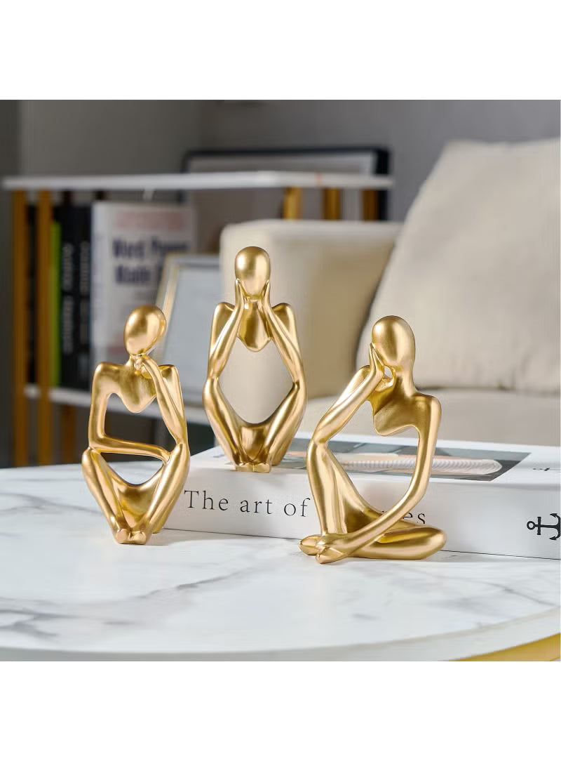 3-Piece Gold Statue Decor, Thinker Abstract Art Resin Sculpture for Home