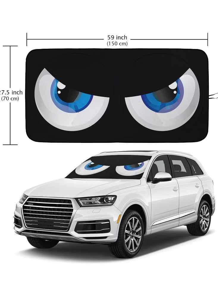 Car Windshield Sun Shade, Car Sun Shade Funny Car Eyes Sun Visor for Car Front Windshield, Foldable with Storage Pouch,UV Protection Keep Vehicle Cooler 150cm*70cm -Blue