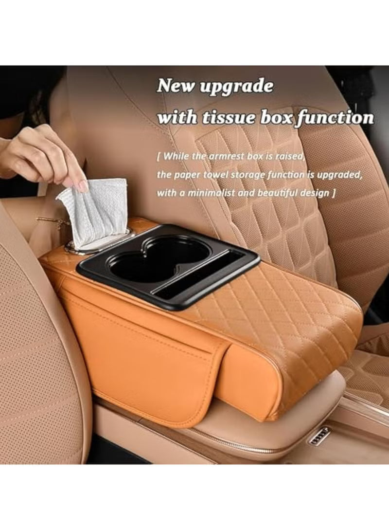 Multifunctional Car Armrest Cushion, 5-in-1 Center Console Cover with 2 Storage Pockets, Cup Holder, Tissue Box Slot, Cell Phone Slot for Sedan, Car Accessory Car Organizer (Black)