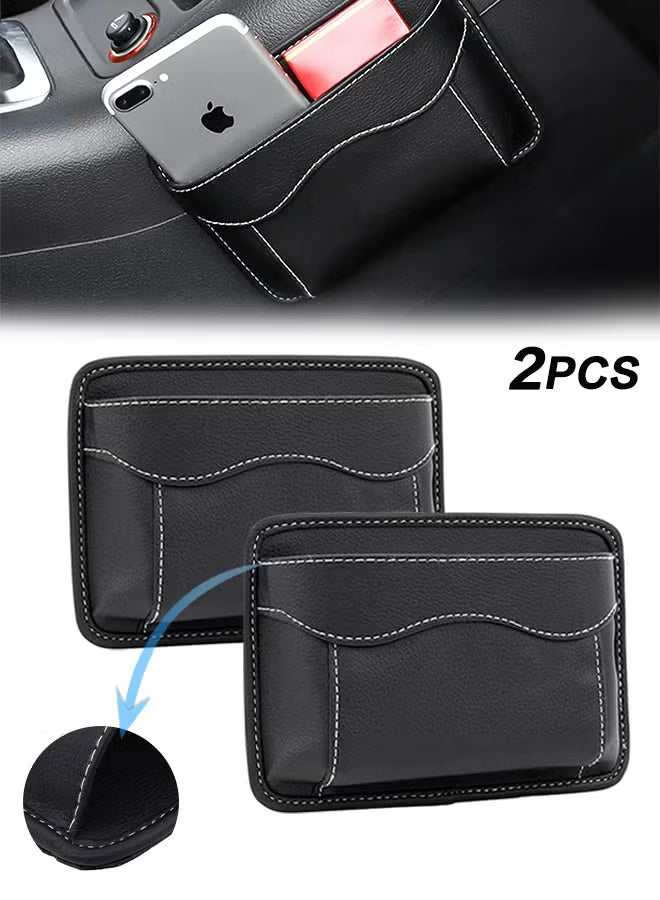 2 Pcs Car Seat Side Pocket Organizer, PU Leather Mini Storage Bag for Auto Door Window Console, Pen Phone Holder Tray Pouch Vehicle Seat Gap Filler for Organize Document, Registration, Notepad (Black)