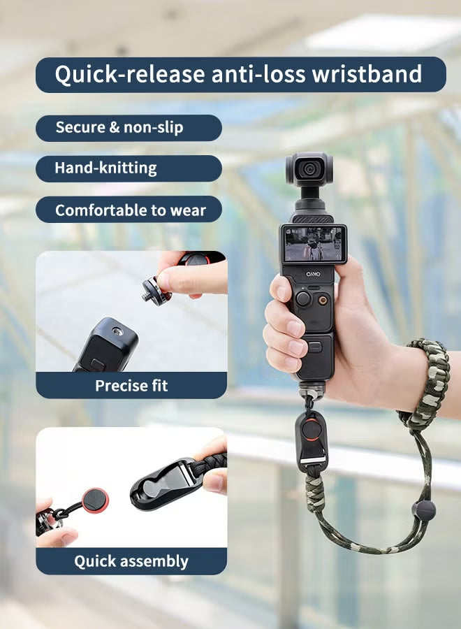 Camera Wrist Strap for DJI Osmo Pocket 3 & Insta360 X5/X4, Paracord Hand Strap with 1/4 Quick Release Screw, Anti-Drop Lanyard Accessory for Vlog & Travel, Army Green